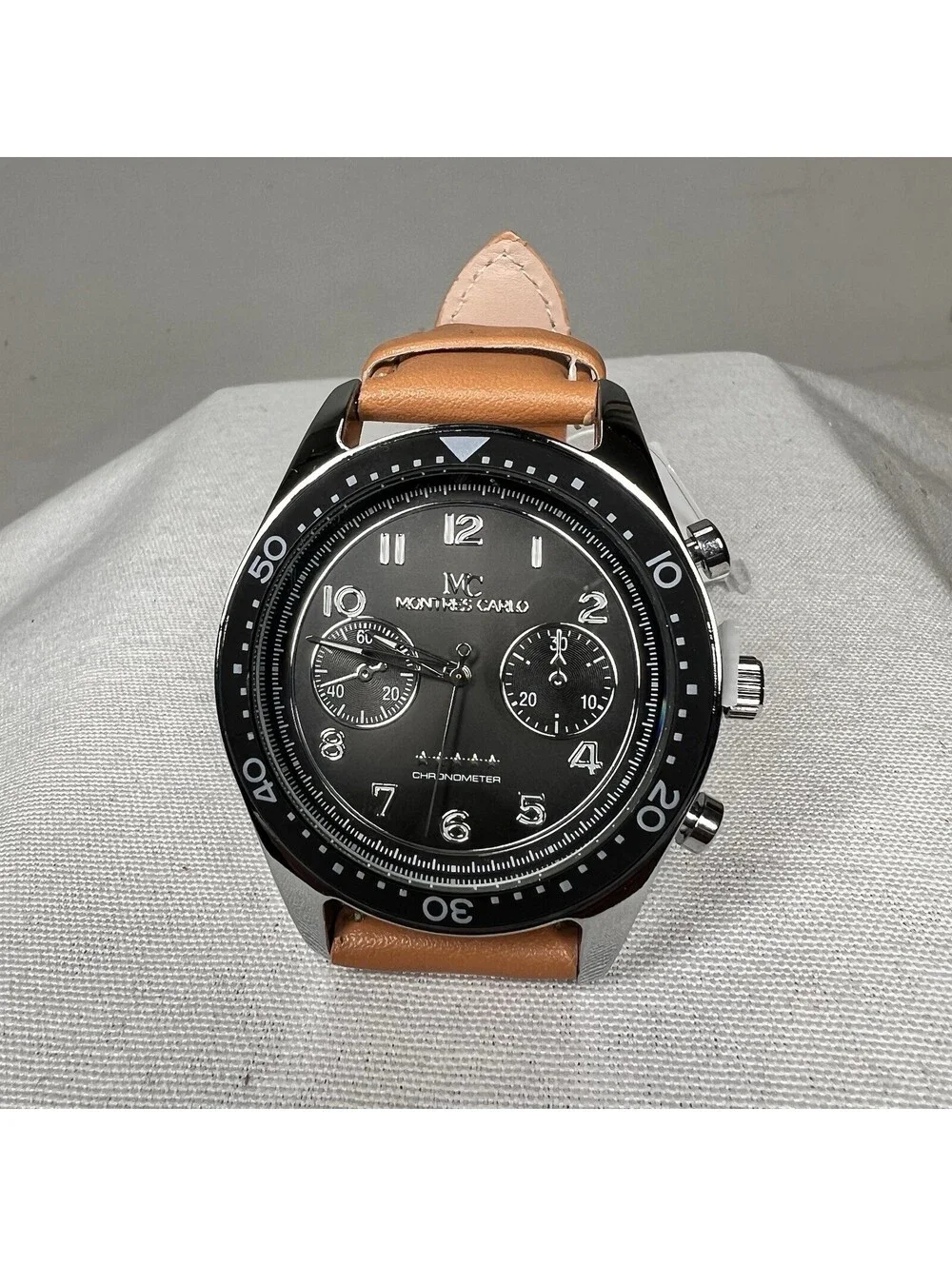 Montres Carlo Men's Chronograph Black Dial Chrome Case Faux Leather Band 46mm